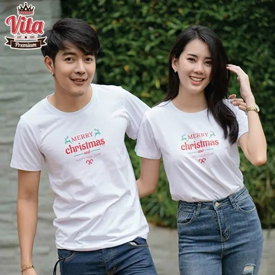 HPW003 เสื้อคริสต์มาสเสื้อปีใหม่ ลาย MERRY Christmas and HAPPY NEW YEAR สีขาว เสื้อคู่ เสื้อครอบครัว
