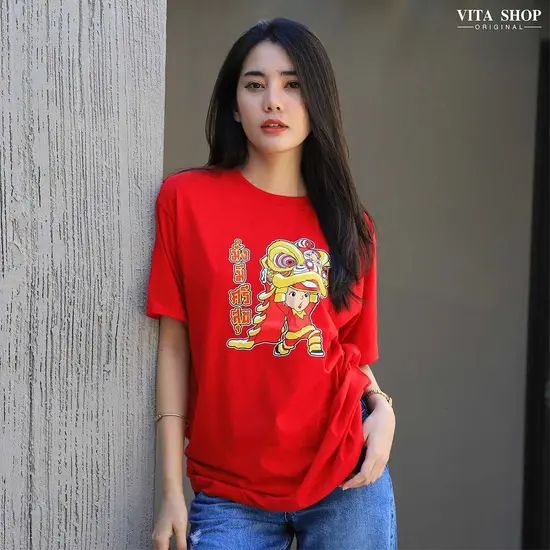 เสื้อตรุษจีน มั่งมีศรีสุข เชิดสิงห์โต ผ้าcottonแท้100% ทรงตรงใส่ได้ทั้งชายหญิง พร้อมส่ง