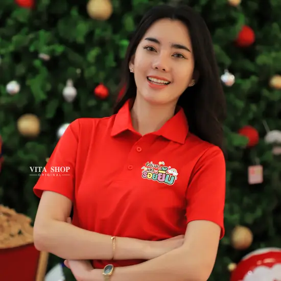 เสื้อโปโลคริสต์มาสเสื้อปีใหม่ ลาย18 สีแดง ช่วงเวลาแห่งรอยยิ้ม เสื้อทีม เสื้อคู่ เสื้อครอบครัว