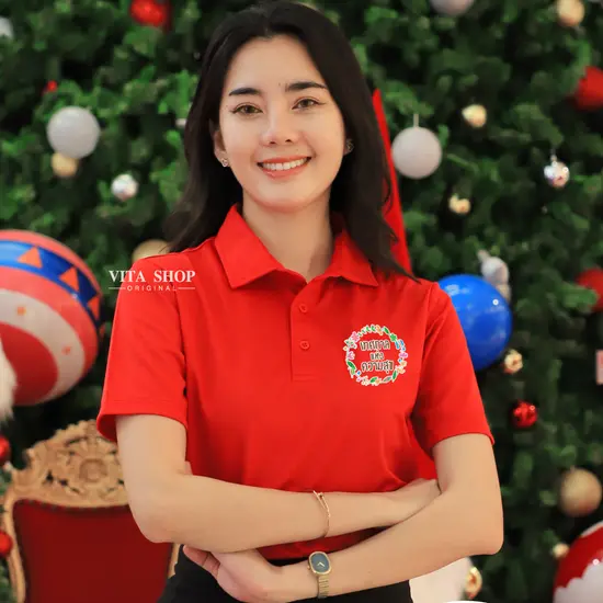 เสื้อโปโลคริสต์มาสเสื้อปีใหม่ ลาย17 สีแดง เทศกาลแห่งความสุข เสื้อทีม เสื้อคู่ เสื้อครอบครัว