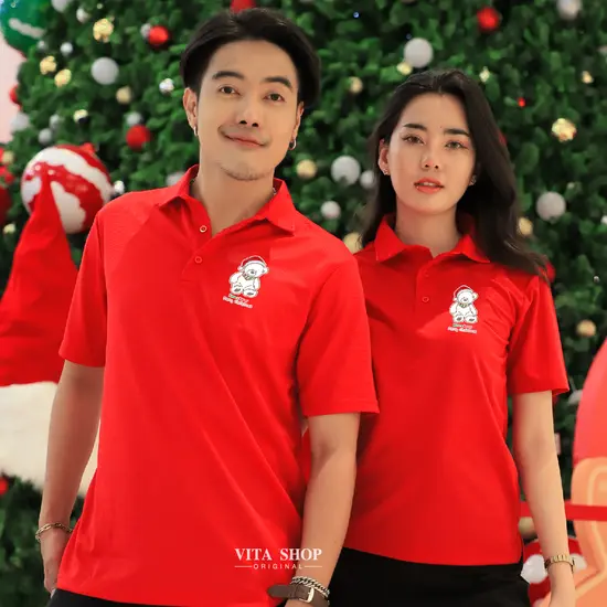 เสื้อโปโลคริสต์มาสเสื้อปีใหม่ ลาย09 สีแดง Merry Christmas เสื้อทีม เสื้อคู่ เสื้อครอบครัว