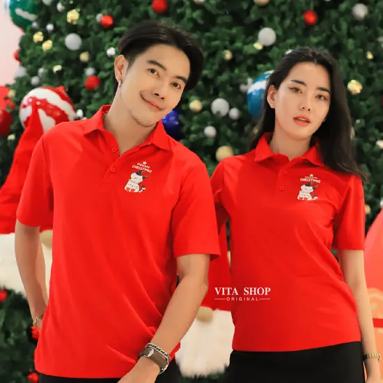 เสื้อโปโลคริสต์มาสเสื้อปีใหม่ ลาย07 สีแดง Merry Christmas เสื้อทีม เสื้อคู่ เสื้อครอบครัว