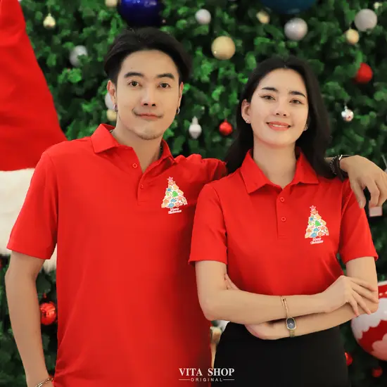 เสื้อโปโลคริสต์มาสเสื้อปีใหม่ ลาย06 สีแดง Merry Christmas เสื้อทีม เสื้อคู่ เสื้อครอบครัว
