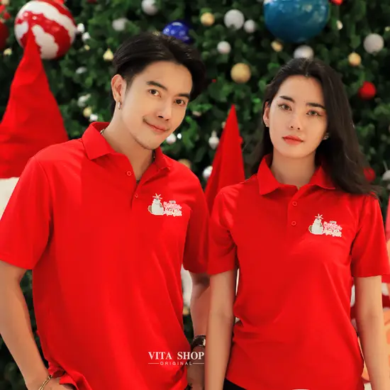 เสื้อโปโลคริสต์มาสเสื้อปีใหม่ ลาย03 สีแดง Merry Christmas เสื้อทีม เสื้อคู่ เสื้อครอบครัว