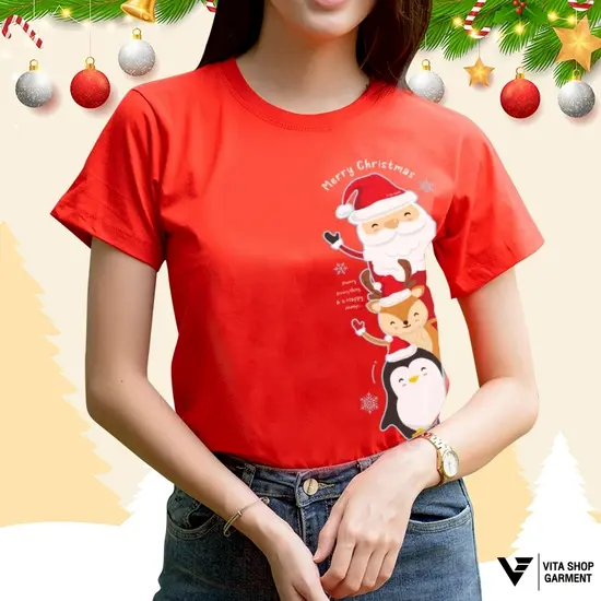 เสื้อคริสต์มาสเสื้อปีใหม่ ลาย02 สีแดง Merry Christmas เสื้อทีม เสื้อคู่ เสื้อครอบครัว