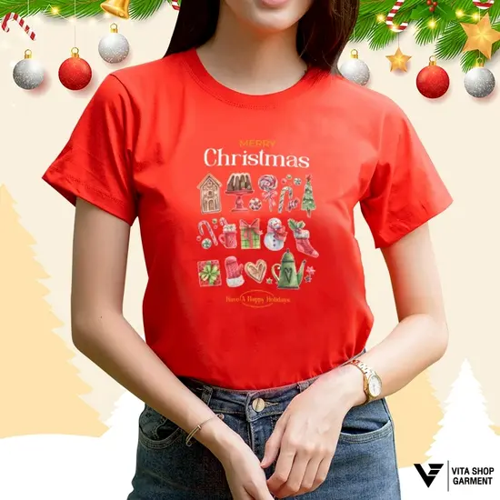 เสื้อคริสต์มาสเสื้อปีใหม่ ลาย05 สีแดง Merry Christmas เสื้อทีม เสื้อคู่ เสื้อครอบครัว